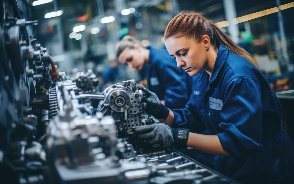Female worker in a modern automotive manufacturing plant, Manufacturing Reshoring Compliance