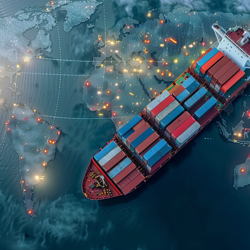 Ship carrying containers on a world map depicting global logistics network