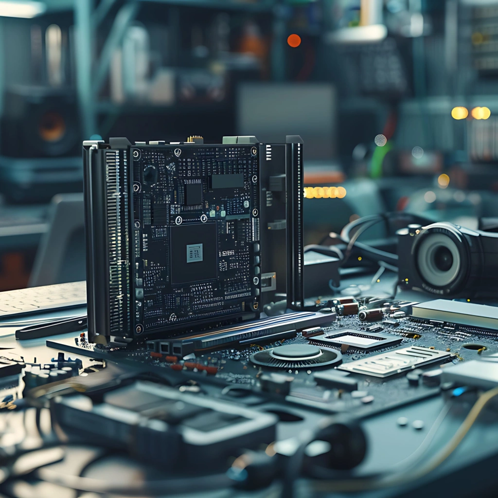 Multiple PC and electronic components on a work bench