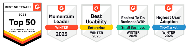 Descartes G2 badges for 2025 top 50 best software leadership and best usability in denied party screening software