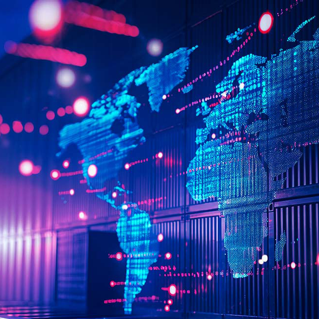 Stylized illustration of global trade showing a world map overlaying a shipping yard